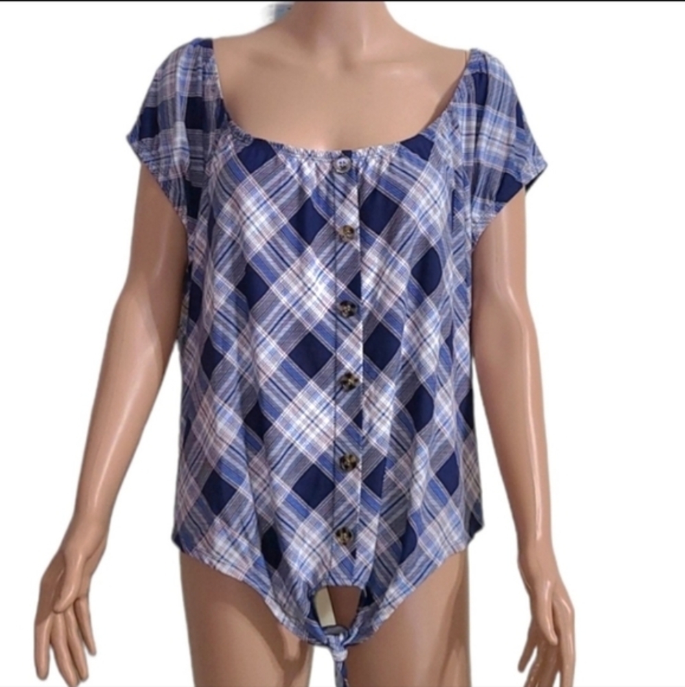 No‎ Comment NY-LA   Top Womens Plus size 2X Waist Tie  Blouse Plaid  Casual blue